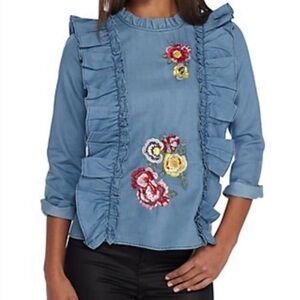 Penelope Project Denim Chambray Ruffle Embroidered Floral Blouse Medium